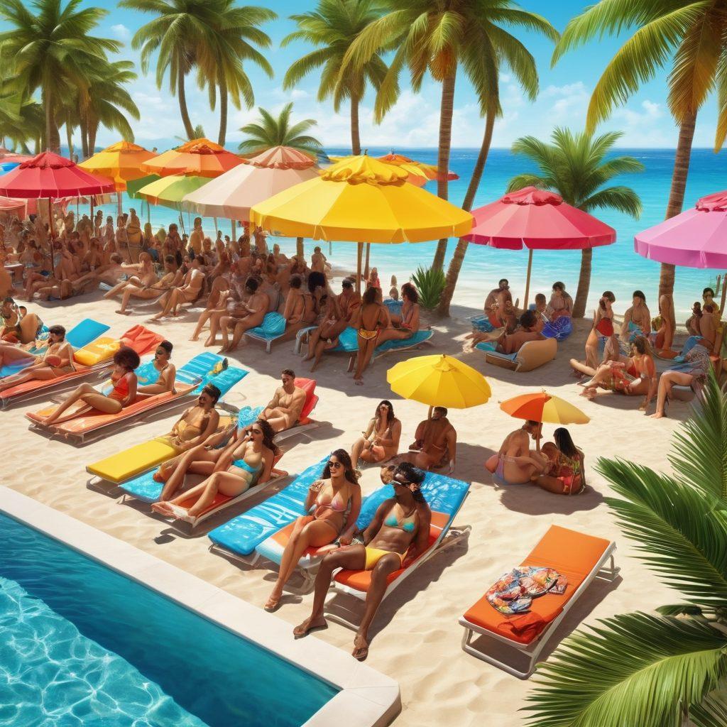 A lively beach scene showcasing a diverse group of people enjoying a vibrant pool party, surrounded by fashionable swimwear and accessories. Bright sun, colorful beach umbrellas, trendy sunglasses, and stylish beach outfits create a festive atmosphere. Include tropical plants and refreshing drinks to enhance the summer vibe. super-realistic. vibrant colors. sunny backdrop.